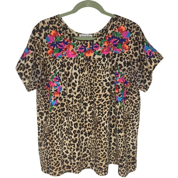 See And Be Seen Shirt Womens Medium Leopard Floral Embroidered Boho Tunic T2971 - Picture 1 of 15